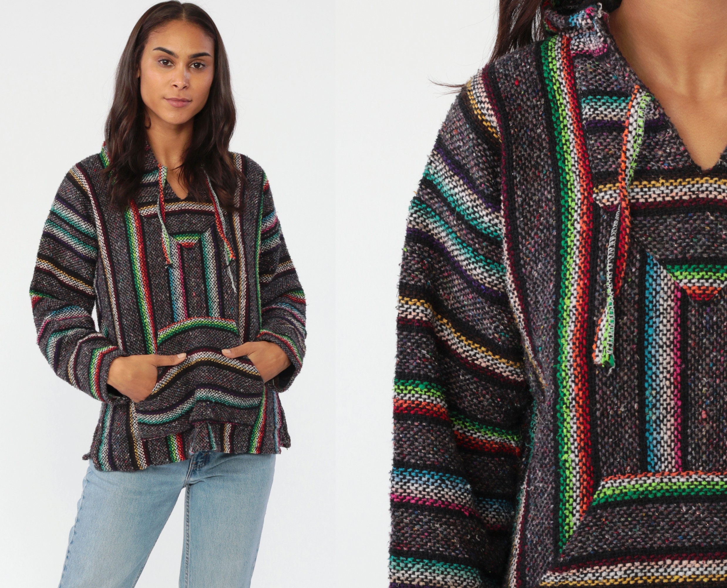 Neon Rainbow Drug Rug Baja Hoodie Mexican Sweatshirt Hippie Boho Hooded Ethnic Vintage Blanket Stripe Bohemian Kangaroo Small Medium