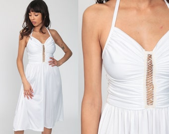 White Party Dress 70s Disco Grecian 1970s Midi Halter Neck Dress Plunging Neckline Deep V Neck Boho Vintage Bohemian Extra Small xs