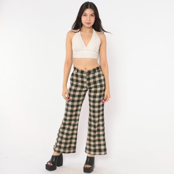 70s Plaid Flares Green Tan Gingham Wide Leg Trousers Cotton Bell Bottom Pants High Waist Buffalo Checkered Flared Vintage Extra Small XS