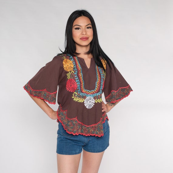 Embroidered Floral Blouse Brown BELL Sleeve Top Y2K Hippie Shirt Flower Shirt Boho Tunic Top 00s Bohemian Vintage Festival Small