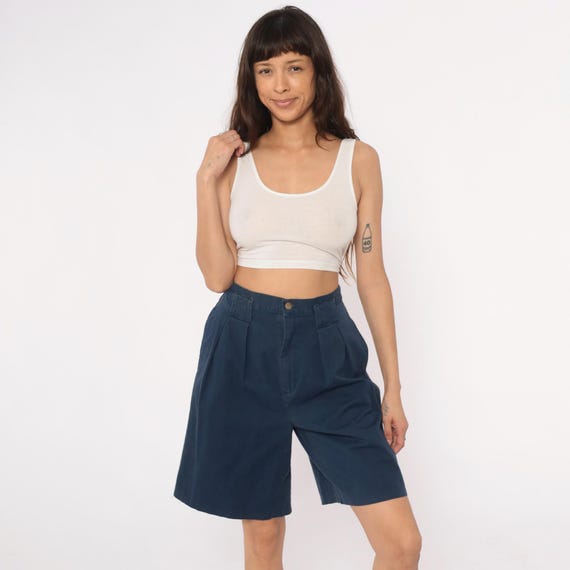 80s High Waisted Pleated Shorts Navy Dark Blue Bermuda Tailored Belt Loops Vintage Summer Mom Preppy Clean Girl Minimalist Walking Small S