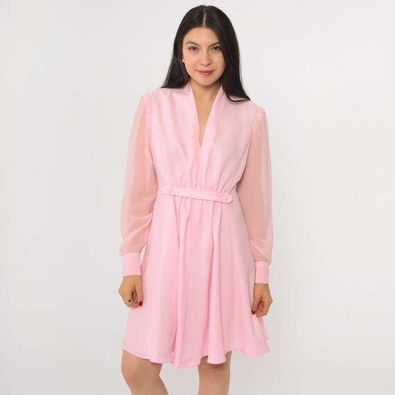 Vintage 70s Pink Mini Dress Party Mod Sheer Chiffon Sleeve 60s High Waist Gathered A-Line Cocktail Boho Glam 1970s Medium 8