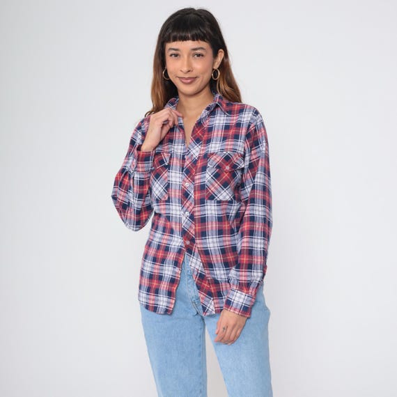 80s Plaid Flannel Shirt Red White Blue Shirt Grunge Button Up 1980s Lumberjack Vintage Long Sleeve Checkered Collared Shirt Small S