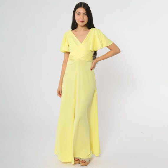 Yellow Wrap Dress 70s Goddess Flutter Sleeves V Neck Maxi Polyester Vintage Disco Flowing Draped Tie Waist Romantic Summer Small S 4