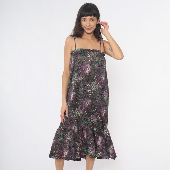 70s Summer Dress Floral Midi Purple Green Yellow Spaghetti Strap Tiered Ruffled Prairie Cottagecore Disco Vintage Sundress Small Medium S M