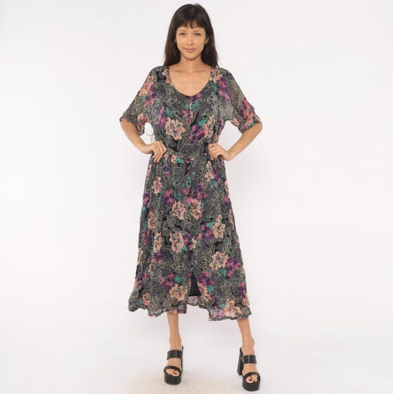 90s Floral Midi Dress Button Front Short Sleeve Purple Pink Teal Black Lace Print Semi Sheer Grunge Prairie Hippie Summer Vintage Medium M