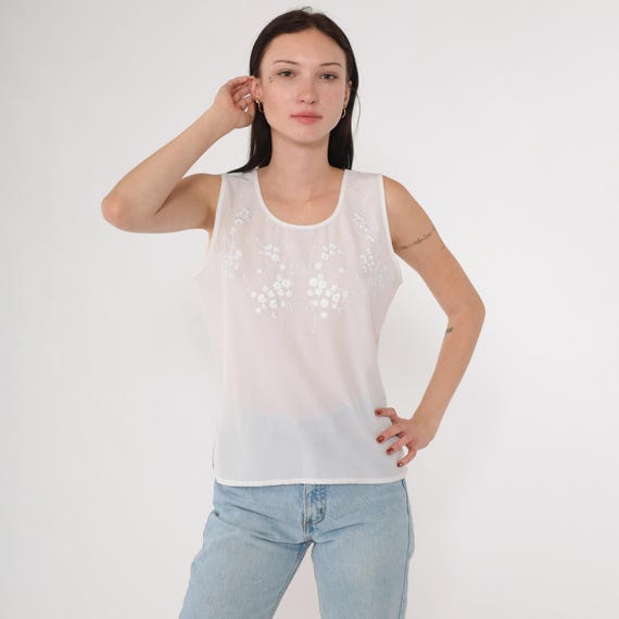 Vintage White Floral Tank Top 90s Semi-Sheer Embroidered Blouse Sleeveless Shirt Retro Boho Summer Hippie Scoop Neck 1990s Medium 10 Petite
