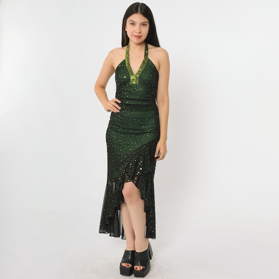 Y2K Green Mesh Party Dress Vintage Black Sequin Halter Neck Glitter Midi V Neck Sheer Asymmetrical Hem Going Out Formal Taboo Small S