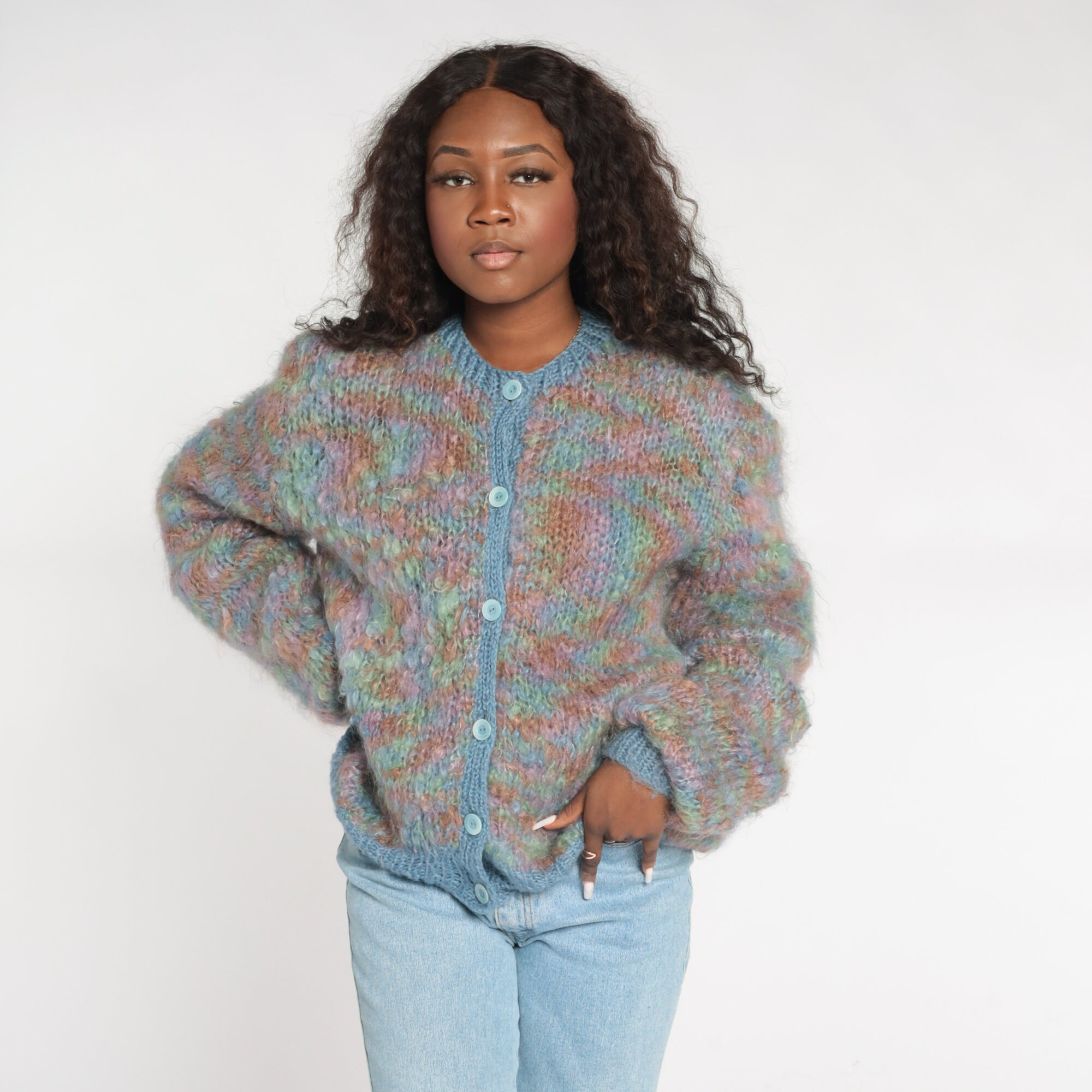 Space Dye Cardigan 80s Button Up Mohair Knit Sweater Colorful Bohemian