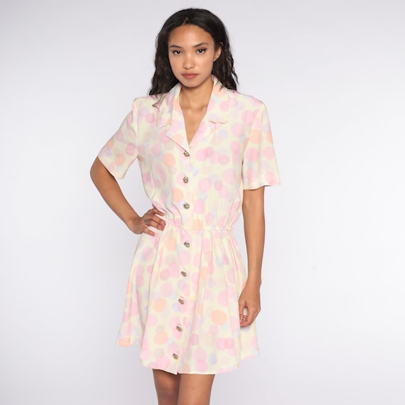 Polka DOT Dress Pastel Dress 80s Button Up Mini Dress ShirtDress 1980s Short Sleeve Hipster Vintage High Waisted Pink Purple Medium Large