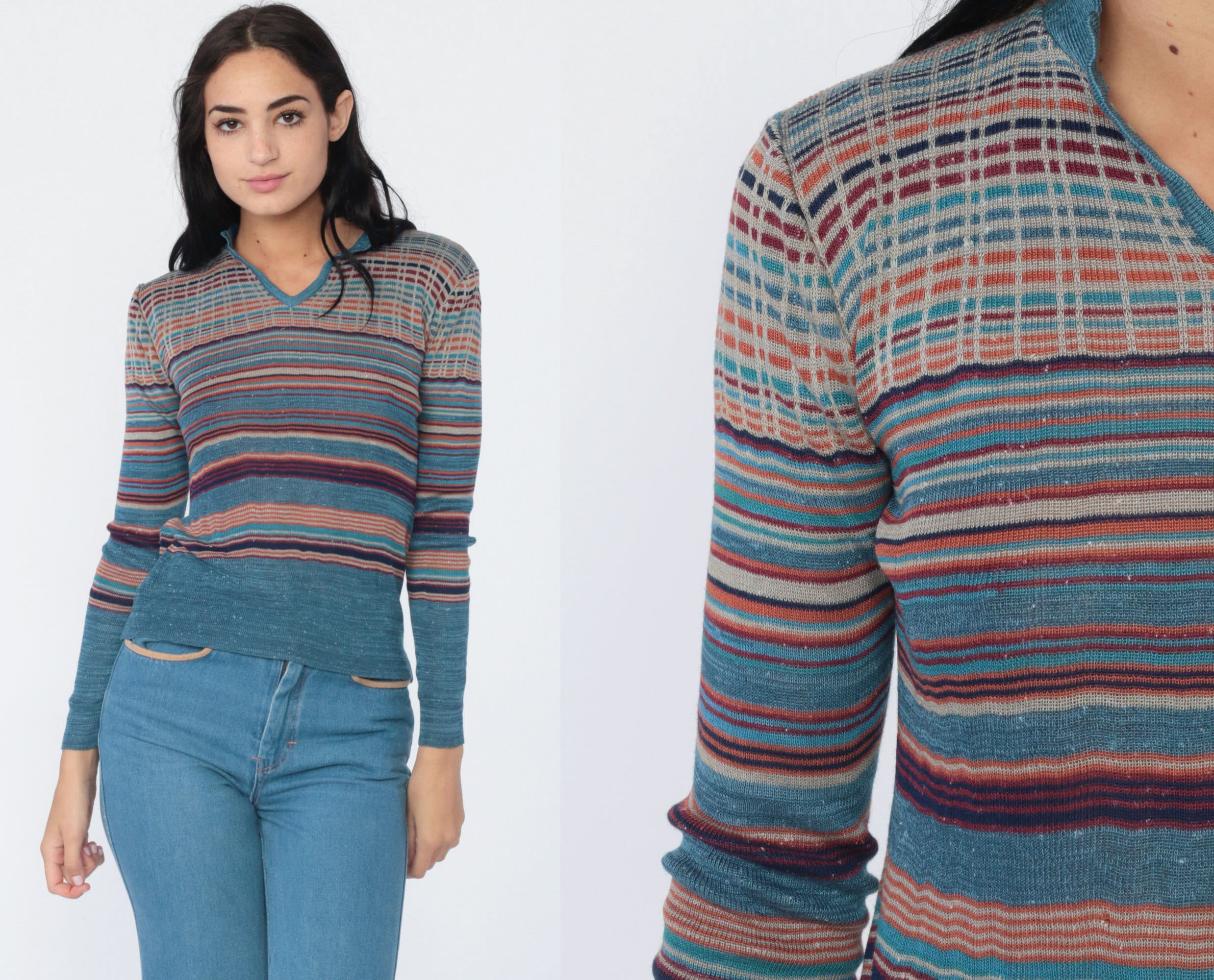 1970s Vintage Fitted Stripe V-Neck Sweater FREE SHIP