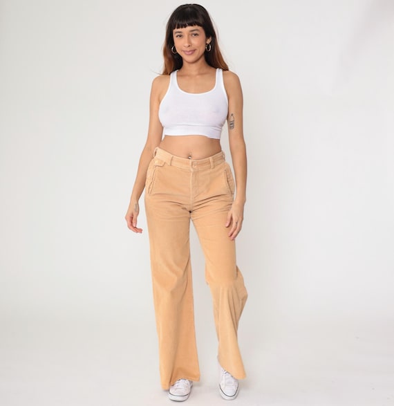 80s Corduroy Pants Beige Tan Khaki Flared High Waist Wide Leg Bell Bottom Vintage Pockets Minimalist Neutral Trousers Bohemian 70s Small S