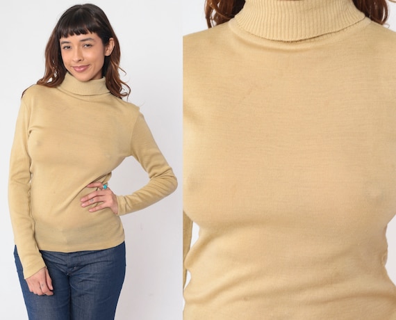 Knit Turtleneck Top 70s Beige Wool Blend Shirt Long Sleeve Sweater High Turtle Neck Plain Simple Top Minimalist Vintage 1970s Jantzen Medium