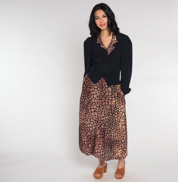 90s Midi Dress 80s Attached Blazer Jacket Dress Black Brown Scale Print Button up Long Puff Sleeve High Waist Secretary Vintage 1990s Small