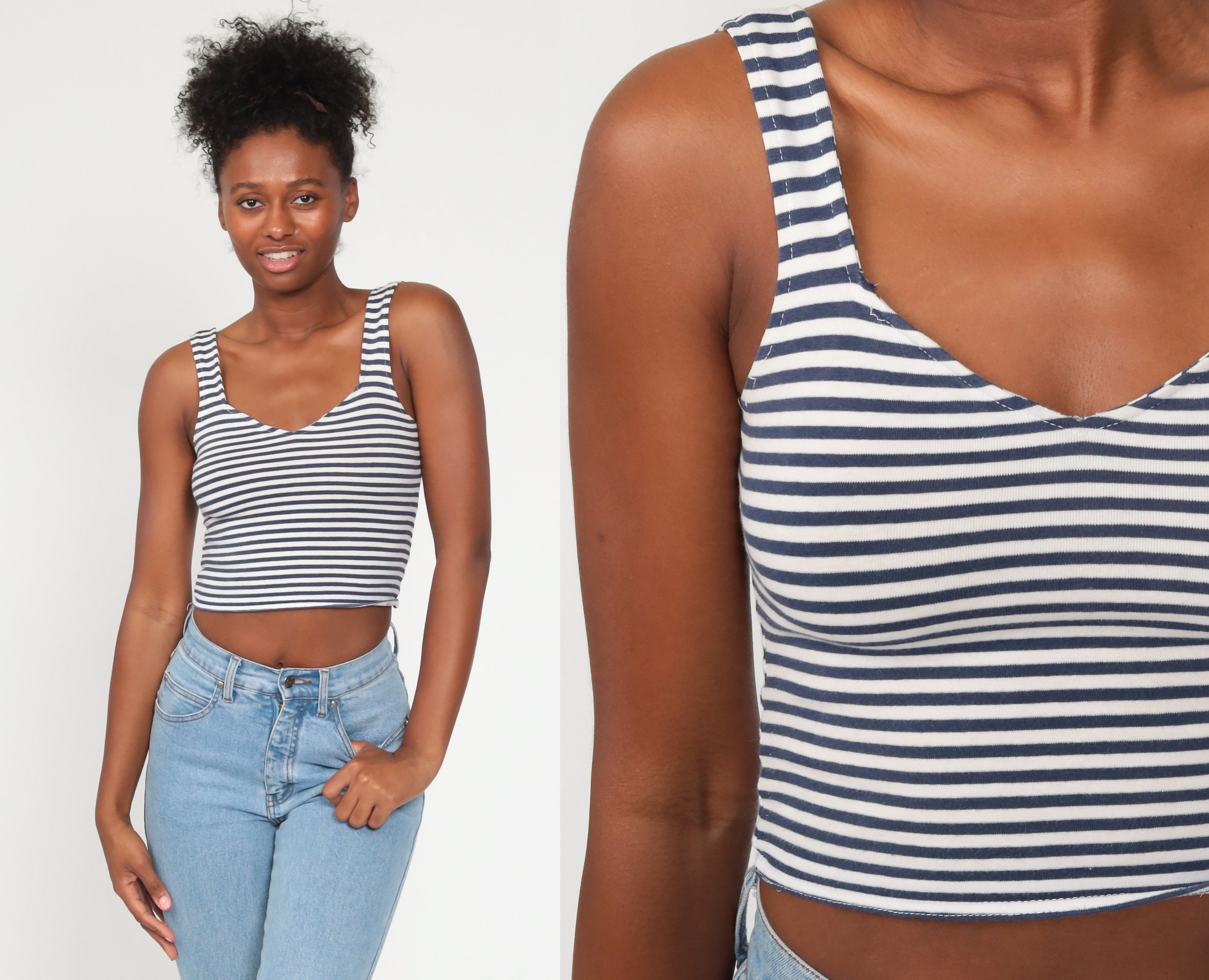 90s Tank Top Blue White Crop Top Striped Blouse Spandex Club Shirt Tight  Sleeveless Top 1990s Vintage Bodycon Summer Small xs