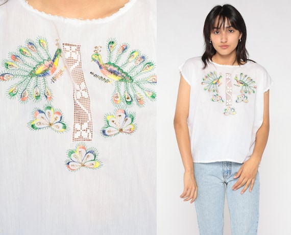 Peacock Top 90s White Embroidered Blouse Colorful Metallic Glitter Cut Out Lace Shirt Cutout Summer Cap Sleeve Bird Vintage 1990s Medium M