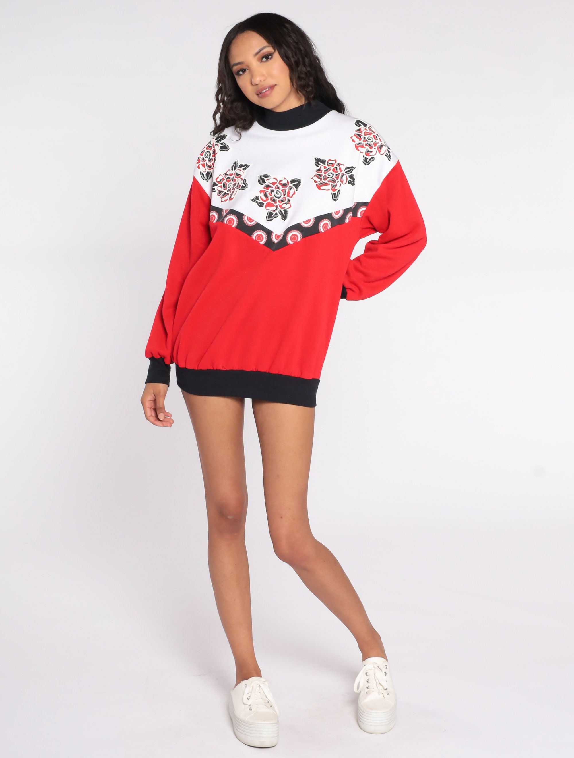 Floral Sweatshirt 80s Color Block Shirt Vintage Sweater Red White Black ...