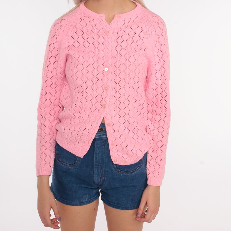 Pink Pointelle Cardigan Sweater 70s Open Weave Sheer Bright Pink Sweater Vintage Acrylic Knit 80s Slouchy Grandma Slouch Small image 5