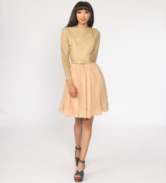 60s Gold Party Dress Gold Jonathan Logan Dress Midi Chiffon Dress 1960s Full Skirt Fit and Flare Cocktail Metallic Vintage Extra Small xs