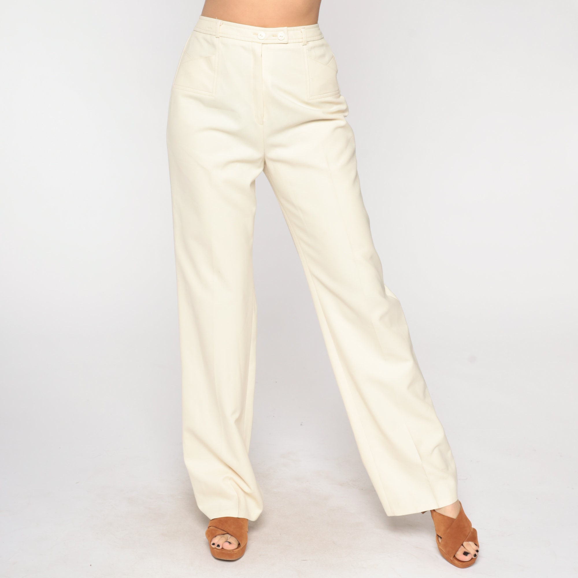 Cream Trousers 70s Straight Leg Pants Retro High Waisted Trousers Boho ...