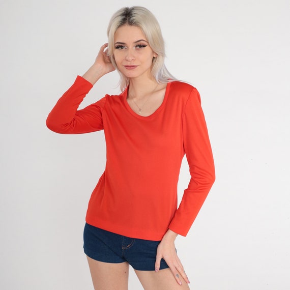 Red-Orange Shirt 70s Long Sleeve Shirt Scoop Neck T-Shirt Plain Simple Solid Basic Minimalist Layering Top Vintage 1970s Small xs