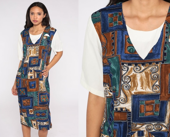 Attached Vest Dress 90s Midi Dress Brown Blue Green Abstract Print 2fer Boho Artsy Layered Grunge Bohemian Short Sleeve 1990s Large L
