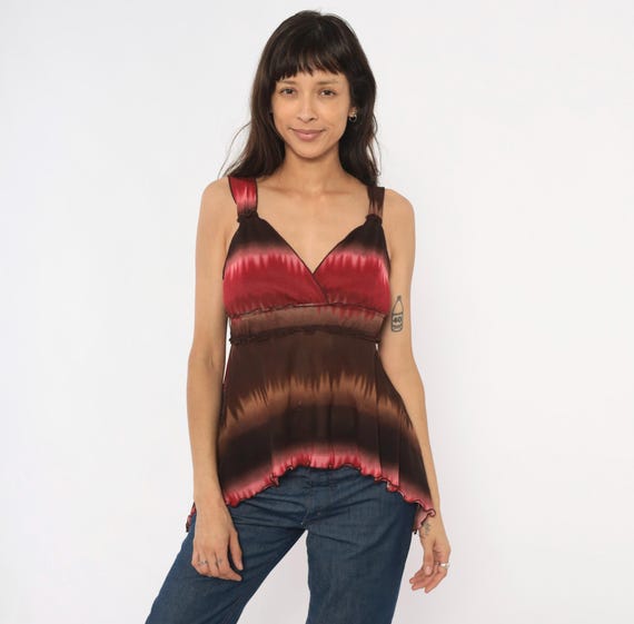Y2K Babydoll Ombre Cami Top Brown Burgundy Gradient Tank V Neck Surplice Wrap Bust Wine Chocolate Tie Dye Going Out Club Medium To Large