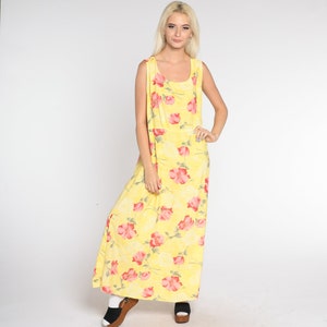 Poppy Print Dress 90s Yellow Floral Maxi Dress Boho Summer Sundress Flower Print Day Dress Flowy Hippie Sleeveless Vintage 1990s Large L
