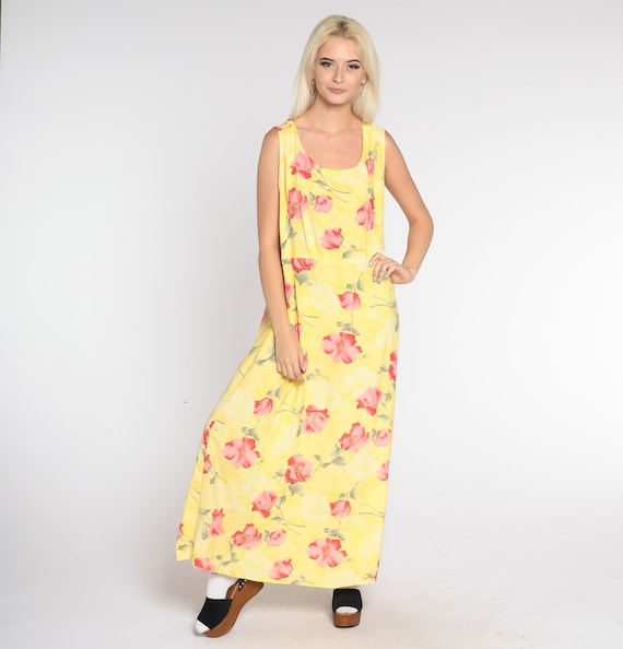 Poppy Print Dress 90s Yellow Floral Maxi Dress Boho Summer Sundress Flower Print Day Dress Flowy Hippie Sleeveless Vintage 1990s Large L