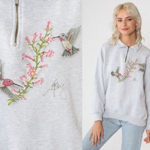Hummingbird Sweatshirt 90s Floral Quarter Zip Sweatshirt Heather Grey Flower Bird Print Graphic Sweater Vintage 1990s Jerzees Medium