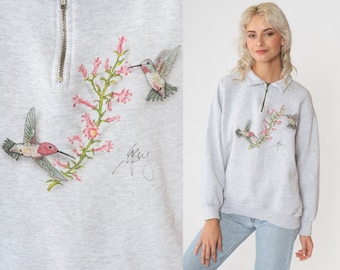 Hummingbird Sweatshirt 90s Floral Quarter Zip Sweatshirt Heather Grey Flower Bird Print Graphic Sweater Vintage 1990s Jerzees Medium