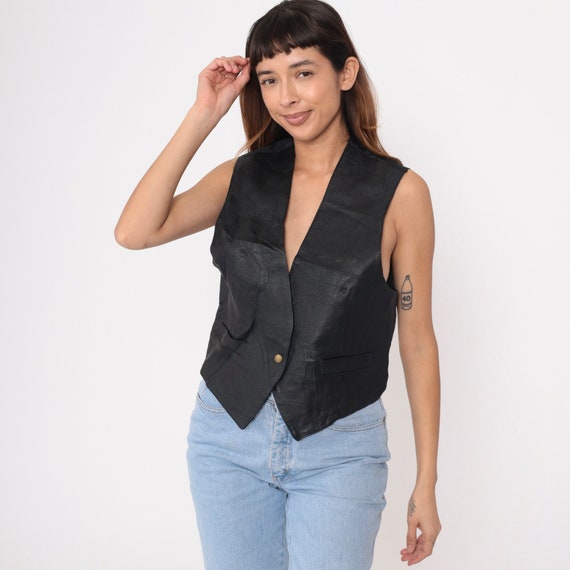 Black Leather Vest 90s Biker Button up Vest Top Rocker Snap Up Sleeveless V Neck Boho Festival Punk Shirt Vintage 1990s Small