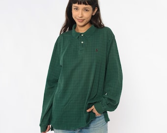 Forest Green Polo Ralph Lauren 90s Windowpane Check Cotton Rugby Shirt Long Sleeve Preppy Minimalist Relaxed Fit Vintage Extra Large XL