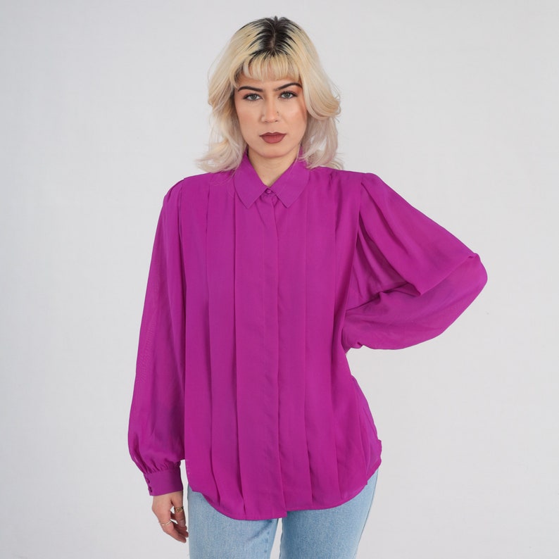 Fuchsia Blouse 80s Pink Hidden Button Up Top Pleated Formal Preppy Collared Shirt Long Puff Balloon Sleeve Simple Vintage 1980s Large 12 image 2