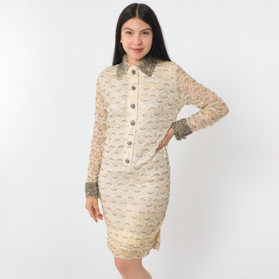 Vintage Sequin Beaded Party Dress 60s Mod Lace Midi Cocktail Button Down Metallic Collar 1960s Sheer Sleeve Formal Evening Extra Small xs