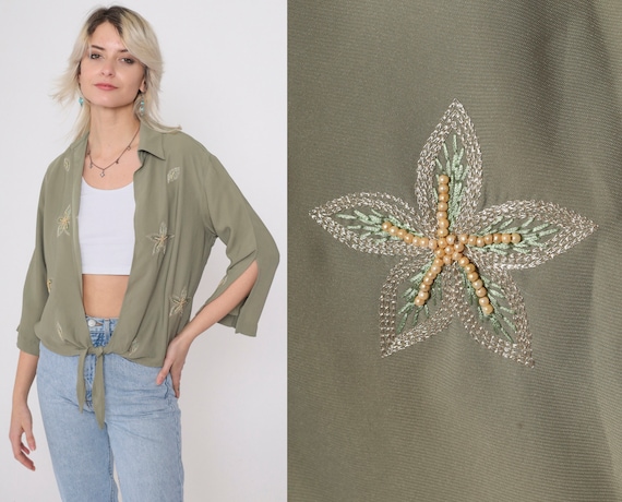 Beaded Floral Jacket 90s Muted Olive Green Jacket Embroidered Open Front Tie Waist Split Sleeve Jacket Collared Vintage 1990s Small S