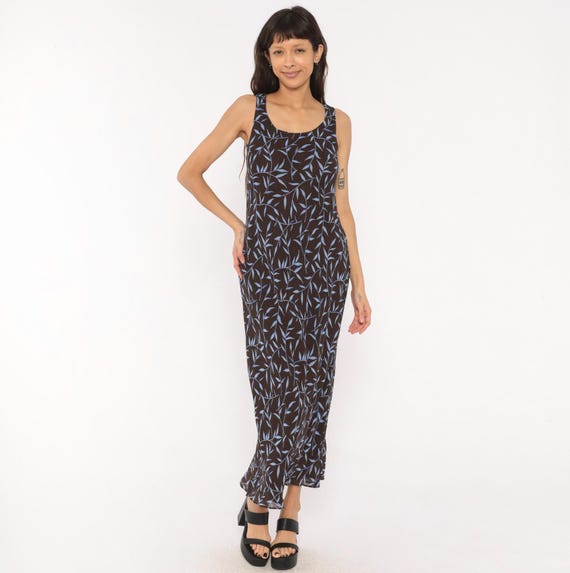 90s Leaf Print Maxi Dress Brown Chiffon Sleeveless Scoop Neck V Back Blue Botanical Vine Column Floor Length Tank  Carole Little Small S