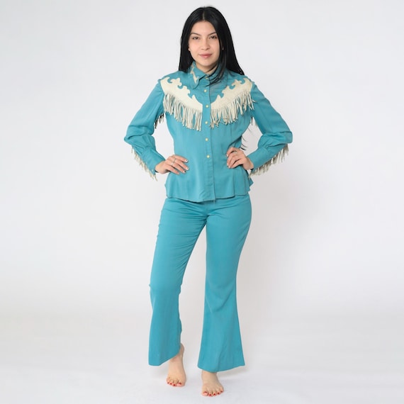 Vintage 1950s Hillbilly Western Two Piece Set Leather Fringe Shirt & Flared Pants Gabardine Turquoise 50s Ranch-Maid Suit Extra Small xs