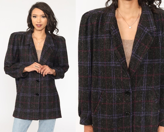 Plaid WOOL Jacket 80s Puff Sleeve Blazer Jacket Checkered Print 1980s Vintage Preppy Charcoal Grey Purple Medium Large