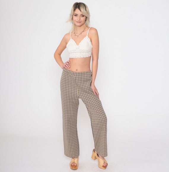 70s Houndstooth Pants Flared Trousers High Elastic Waisted Tan Grey Checkered Seventies Flares Hippie Boho Vintage 1970s Small Medium