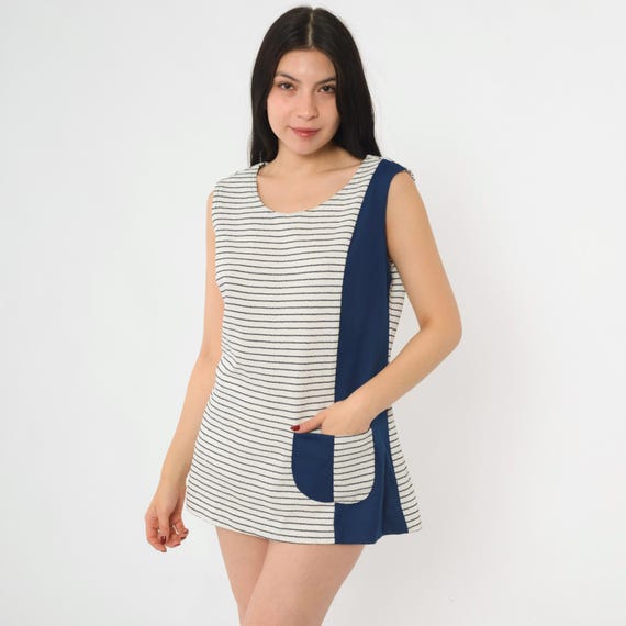 Vintage Mod Tunic Top 60s Striped Blouse Sleeveless Shirt White Navy Blue Vertical Stripes Micro Mini Dress 1960s Large L