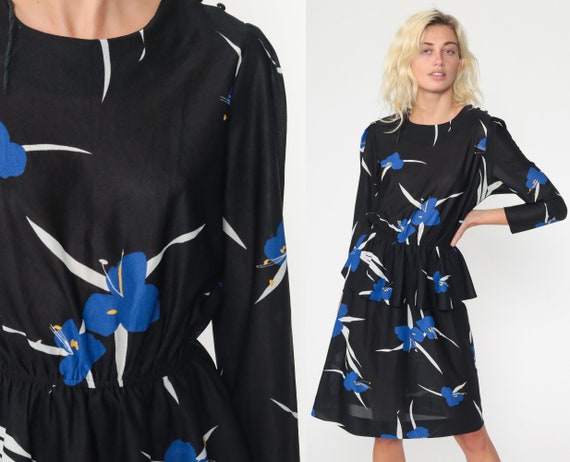 Black Floral Dress Midi Semi-Sheer Bohemian Dress 70s Vintage Boho Dress High Waisted 1970s Long Sleeve Romantic Small Medium