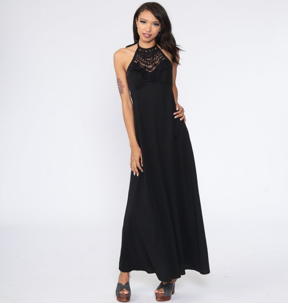 Black Maxi Dress 70s Bohemian SHEER CROCHET Lace Cut Out Empire Waist Party Boho Hippie 1970s Vintage Disco Halter Neck Extra Small xs s