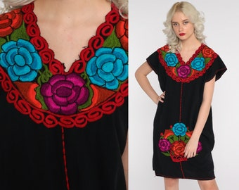 Black Mexican Dress Mini Embroidered Boho Cotton Tunic Hippie Floral Ethnic Bohemian Vintage Rainbow Embroidery Traditional Medium