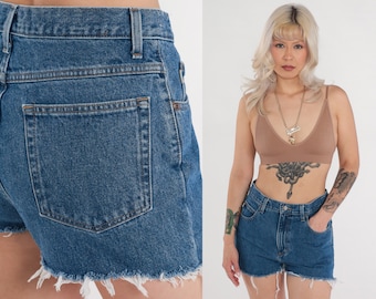 Denim Cutoffs Y2K Dark Wash Blue Cut Off Jean Shorts High Rise Cut Offs Blue Frayed Retro Summer Festival Vintage L.L Bean 00s Medium M 30
