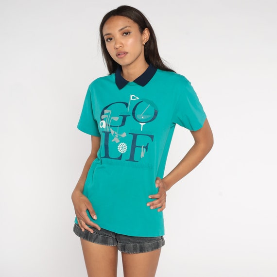 90s Golf Shirt Turquoise Collared T Shirt Retro Preppy Golfing Tshirt Golfer Navy Blue Preppy Graphic Tee 1990s Vintage Small S