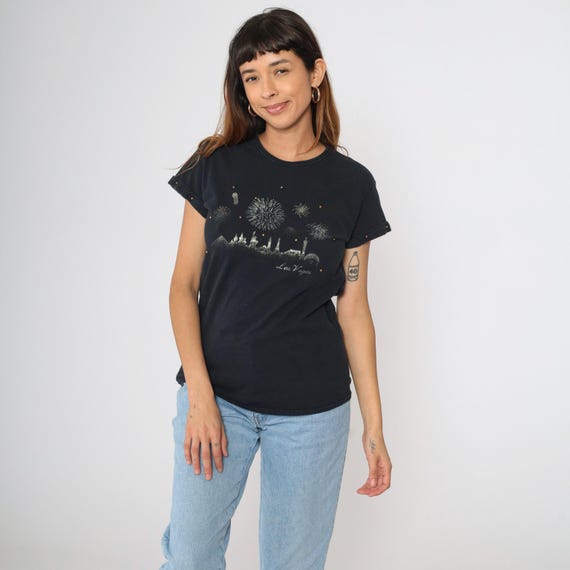 Vintage Las Vegas Shirt 90s Black Studded Metallic Graphic Tshirt 1990s Retro Fireworks T Shirt Travel Souvenir Cuffed Short Sleeve Small S