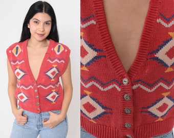 Southwestern Sweater Vest 90s Red Knit Button up Tank Top Boho Southwest Navajo Eye Print Hippie Grunge Sleeveless Sweater Cotton Small S