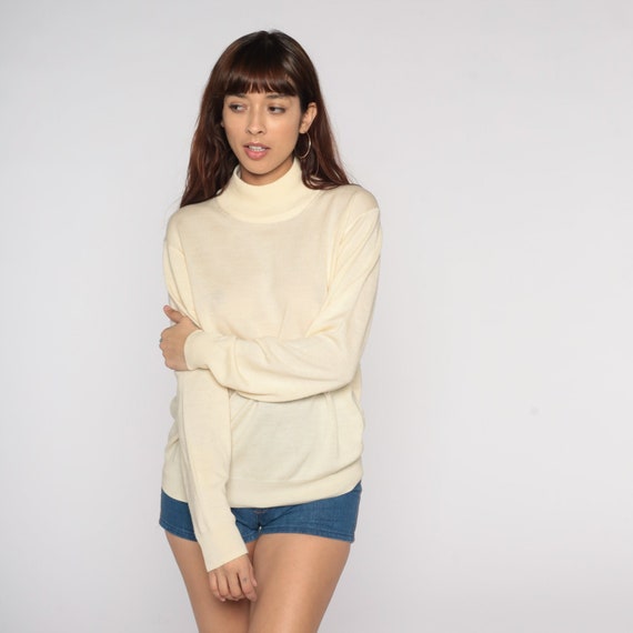Merino Wool Sweater Y2k Sheer Cream Knit Mock Neck Sweater Retro Basic Plain Solid Pullover Jumper Vintage 00s Oversized Small S