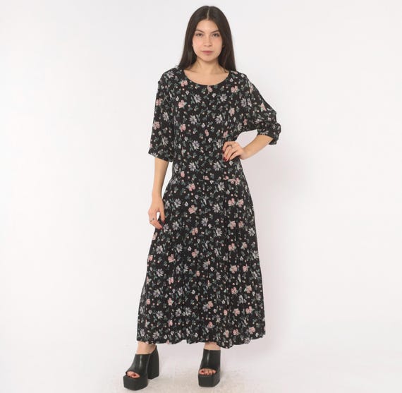 Y2K Dark Floral Maxi Dress Putumayo Button Front Black Pink Lavender Flower Half Sleeve Prairie Cottagecore Soft Grunge Gothic Alt Large L